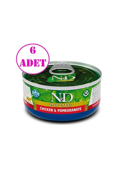 N&D Prime Tahılsız Tavuk Etli ve Narlı Yetişkin Kedi Konserve Mama 6 x 70 G