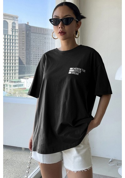 Unisex Cherish Time Effect Dream Baskılı Tasarım Tshirt Siyah