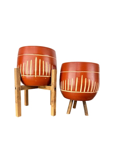 Bitki Tasarımı Ev Dekorasyon Aksesuar Dik Çizgi Desenli Toprak Saksı Saksılık Salon Çiçeklik İkili Set 3 Ayaklı- 4 Ayaklı- 19 CM