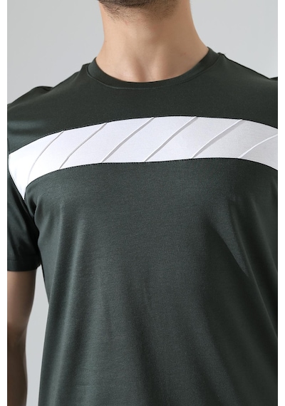 Erkek İki Renk Parçalı Bisiklet Yaka T-shirt - Pamuklu Tişört Haki
