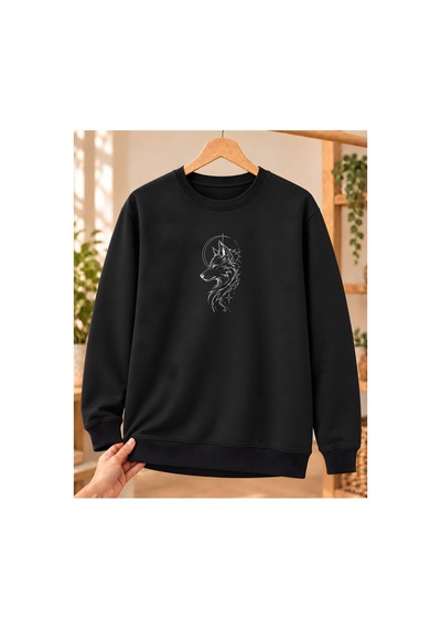 Mor Mürekkep Bozkurt Profili Daire Ve Yıldızlar Baskılı Bisiklet Yaka Sweatshirt - Siyah Mor Mürekkep Bozkurt Profili Daire Ve Yıldızlar Baskılı Bisiklet Yaka Sweatshirt - Siyah