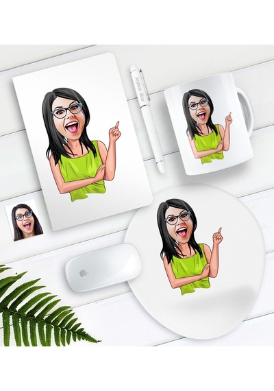 Kişiye Özel Bayan Karikatürlü Defter Kalem Kupa Mouse Pad Seti-19