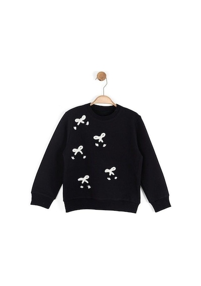 Kız Çocuk Fiyonk İşlemeli Sweatshirt-16134 Siyah