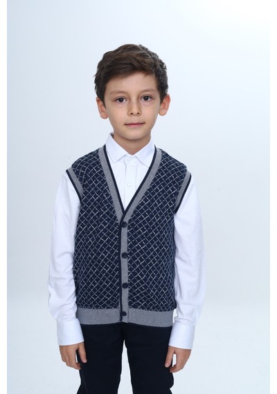Toontoy Kids Toontoy Erkek Çocuk V Yaka Düğmeli Triko Yelek - Diagonal Desenli Lacivert