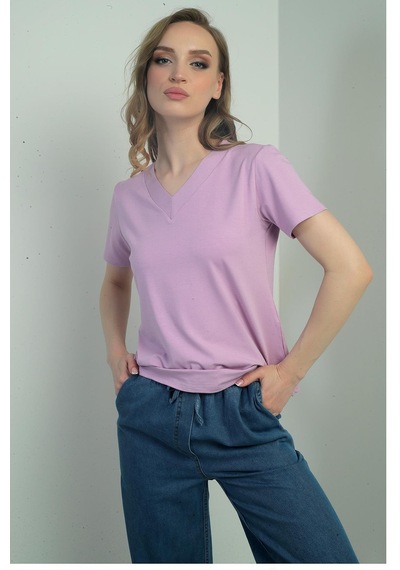 By Saygı Kadın V Yaka Yırtmaçlı Kısa Kol Bluz-40793 LILA By Saygı Kadın V Yaka Yırtmaçlı Kısa Kol Bluz-40793 LILA