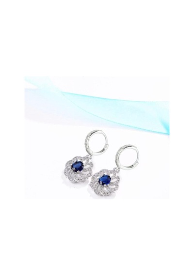Brezza Lusso Jewelry Gümüş Lüks Mavi Safir Taşlı Çiçek Model Kadın Kolye Küpe Set