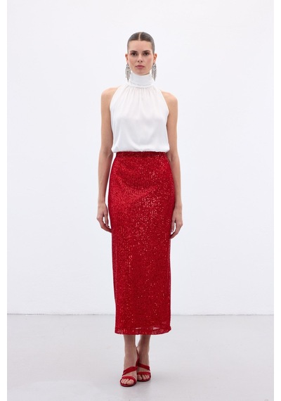 Sateen Karolin Midi Etek - Kırmızı-136653 Kırmızı