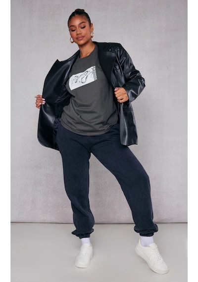Füme Oversize Dragon T-shirt - Oversize Baskılı Gri