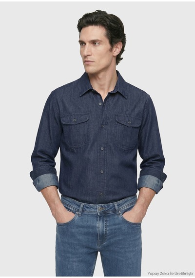 Ramsey İndigo Düz Casual Fit Uzun Dokuma Casual Pamuk Karışımlı Gömlek