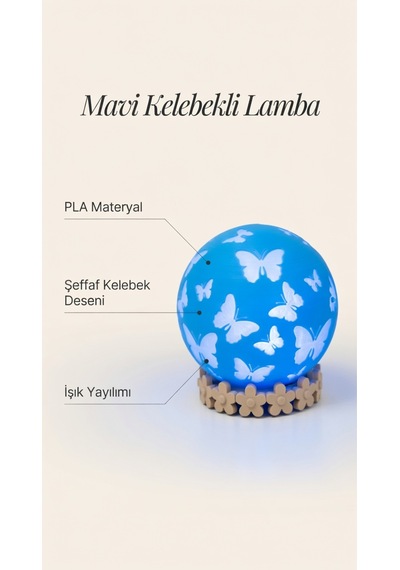 Kelebekli Lamba - Çiçekli Standlı Modern Dekoratif Aydınlatma Gece Lambası - Masa Üstü Abajur Mavi