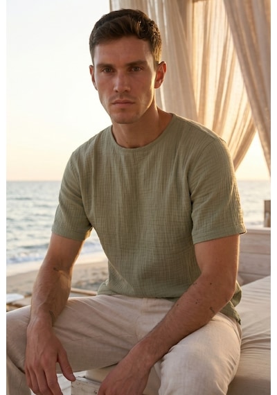 Combattente Exclusive Products Kısa Kol Oversize Müslin Erkek Tshirt - 2026 Erkek Tişört Kreasyonu Çağla Yeşili