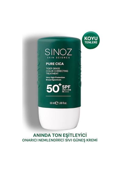 Sinoz Pure Cica Tiger Grass Anında Ton Eşitleyici Onarıcı ve Nemlendirici Sıvı Yüz Güneş Kremi SPF50+ PA++++ 50 ML