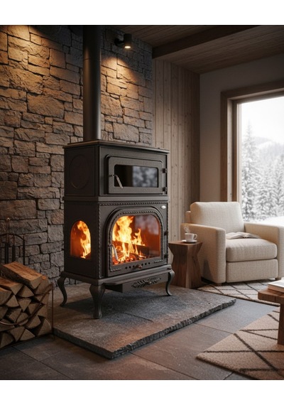 Reyo Stove Abant Üç Camlı Yan Kapak Fırınlı Döküm Şömine Soba