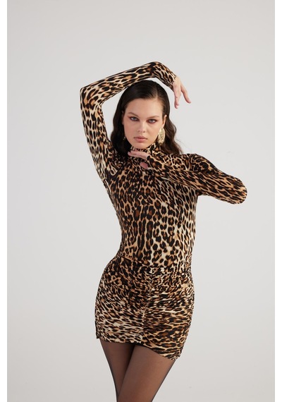Holly Lolly Leopar Desenli Balıkçı Yaka Mini Britney Elbise Kahve