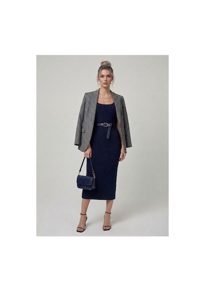 Neden Tekstil Premium Fit Kare Yaka Fitilli Triko Midi Elbise - Lacivert
