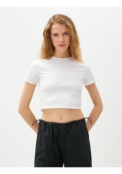 Koton Crop Tişört Kısa Kollu Dik Yaka Beyaz 3sak50007ek Beyaz