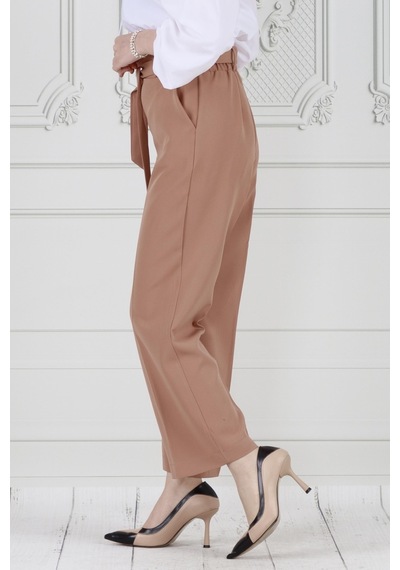 Sevitli Beli Bağlamalı Bol Paça Pantolon-vizon-3665-vizon Vizon