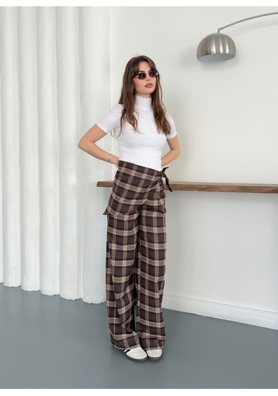 Blackpera Bersh Model Ekose Desen Bel Fular Detaylı Pantolon Kahverengi