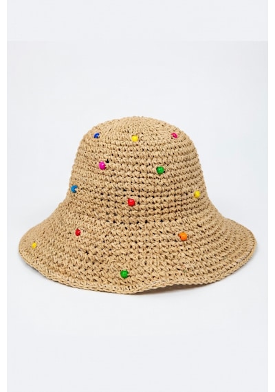 Mollycrush Kadın Renkli Boncuk Detaylı Camel Hasır Bucket Şapka El Örgüsü Yazlık Trend Kova Stil Camel