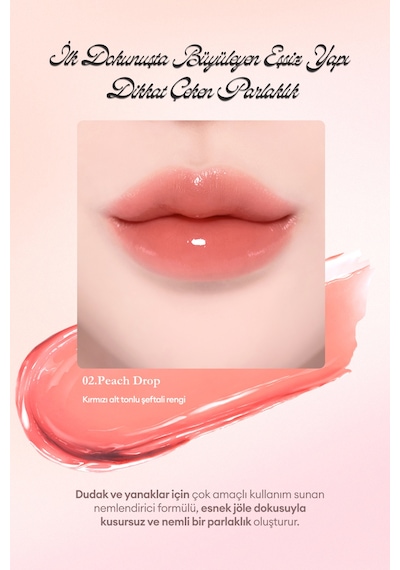 Esnek Jel Dokulu, Nemlendirici, Parlak Bitişli Ruj & Allık Dasıque Chewing Glow Pot 02 Peach Drop