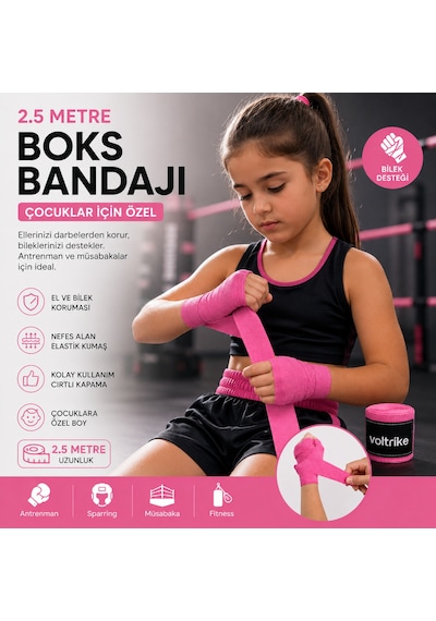 Voltrike Çocuk Boks-kickbox-muay Thai-sanda El Bandajı Pembe 2.5 Metre Çok renkli