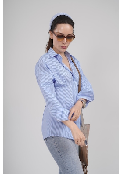 Mayrem Kadın Mavi Çizgili Bel Oturtmalı Oversize Gömlek Bluz