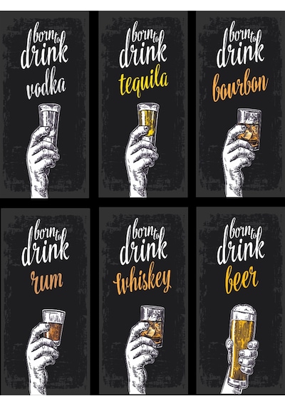 Time To Drink içki zamanı 6lı mini retro ahşap poster seti (UV Ba