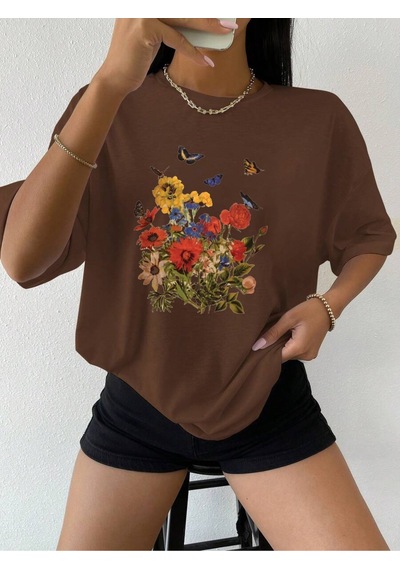 Uyguntarz Unisex Renkli Çiçekler Baskılı Tasarım Tshirt Kahverengi