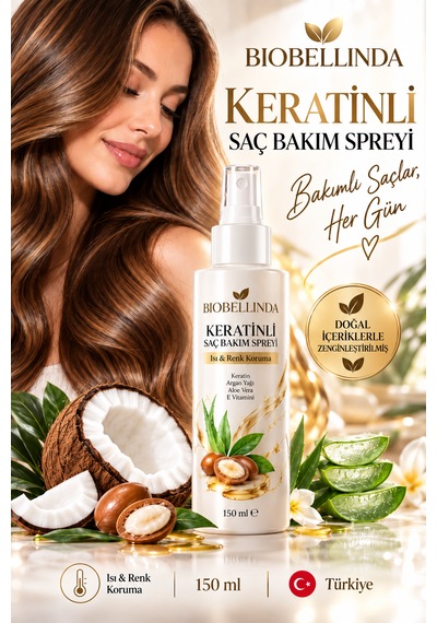 Keratinli Saç Bakım Spreyi Isı Ve Renk Koruma, Keratin, Seramid, Panthenol Ve Hindistan Cevizi Sütü 150 Ml