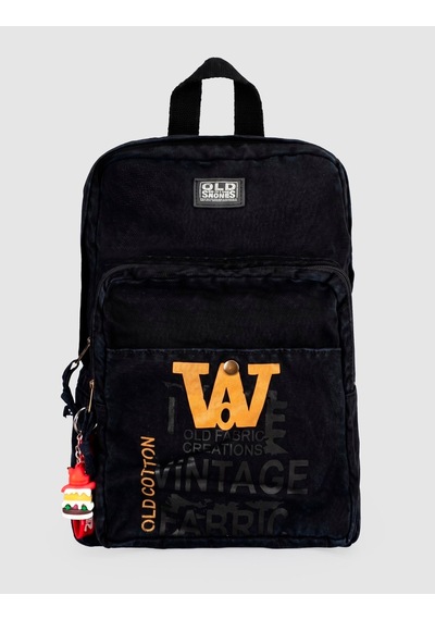 Cabani Siyah Vintage Baskılı Keten Unisex Sırt Çantası