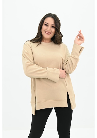 Kadın Büyük Beden Oversize Yırtmaç Detaylı Sweatshirt 1865-25 Bej