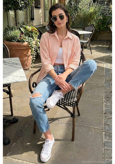 Lela Regular Fit Uzun Kollu Çizgili Bayan Gömlek 6772875 Oranj