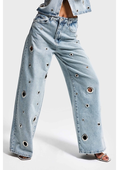 Itsbasic Kadın Ice 4s6-65 Baggy Fit Kuş Gözü Detaylı Özel Tasarım Denim Jean Buz Mavi