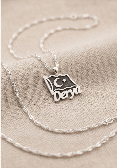 Gümüş Kişiye Özel İsimli Ay Yıldız Bayrak Kolye 925 Ayar Gümüş