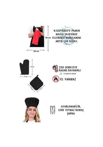 Star Ayar Askılı 5li Mutfak Önlüğü Seti Ayar Askılı Havlulu Önlük, Şapka, Eldiven, Tutacak Siyah-kırmızı-siyah