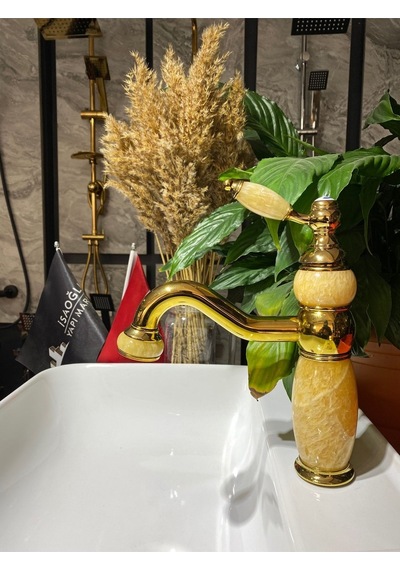 İsaoğlu Yapı Gold Lavabo Bataryası Mermer Tasarımlı Altın Lavabo Musluğu Gold