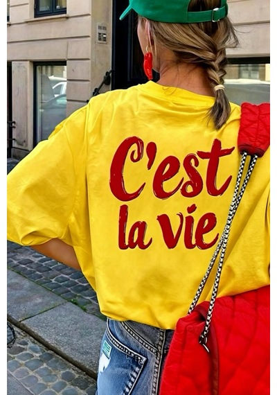C'est La Vie Yazılı Oversize Kadın T-shirt Sari