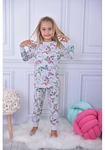 Kız Çocuk Gri Melange Üzeri Çok Renkli Sevimli Efsanevi At Desenli Basic Pijama Takımı 2 Parça Gri Melanj