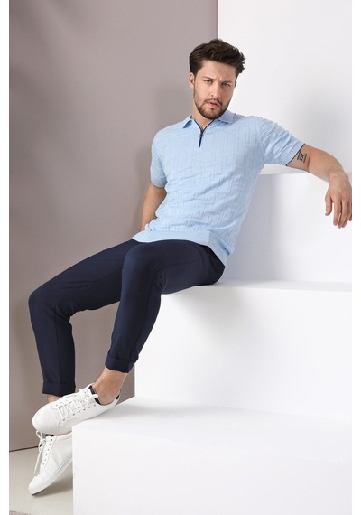 Ferraro Mavi Polo Yaka Fermuarlı Erkek Pamuk Triko T-Shirt-Mavi (417942224) Mavi
