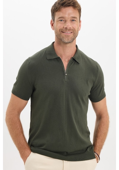 Tudors Erkek Slim Fit Dar Kesim %100 Pamuk Örme Triko Fermuarlı Haki Polo Yaka Tişört-50719