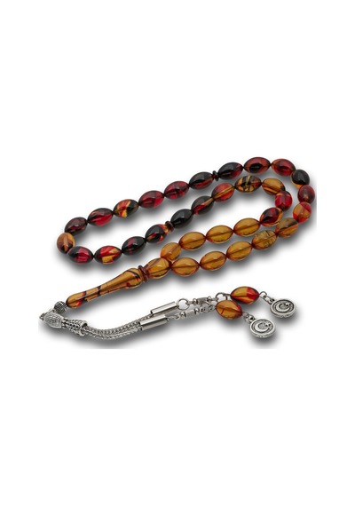 Metal Püsküllü Bordo Amber Sıkma Kehribar Tesbih