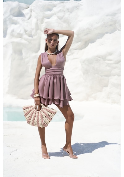 Mai Collection Mai Studios Co. Zaneta Korsaj Detaylı Açık Bordo Keten Mini Elbise Açık Bordo