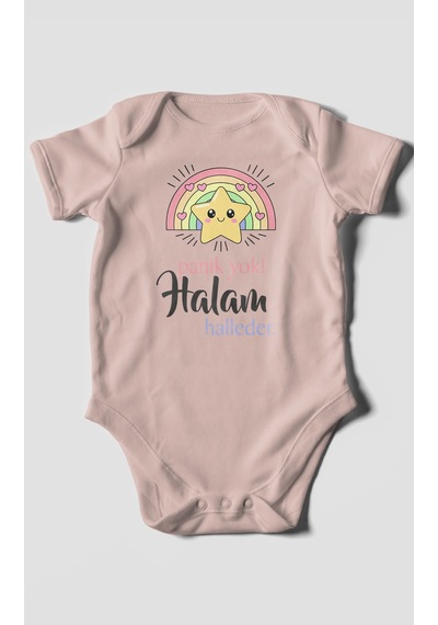 Panik Yok Halam Halleder Baskılı Bebek Zıbını Çıtçıtlı Body 8 Renk %100 Pamuk Kısa Kol Zbn5-kk Pastel Pembe