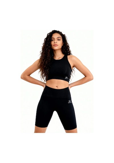 Tommylife Siyah Yüksek Bel Toparlayıcı Dar Kalıp Crop Biker Kadın Tayt Takım - 95302