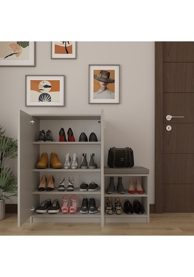 Asra Trend Puflu Ayakkabılık A-23 %100 MDF Minderli Geniş Portmanto Kül Gri