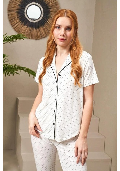 Pjs 25118 Kadın Puanlı Düğmeli Kısa Kollu Pijama Takım 001