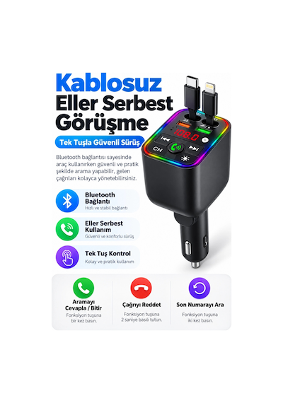 Castu T6 120w Hızlı Araç Şarj Cihazı Fm Transmitter Bluetooth Araç Kit Yıldız Lazer Işıklı