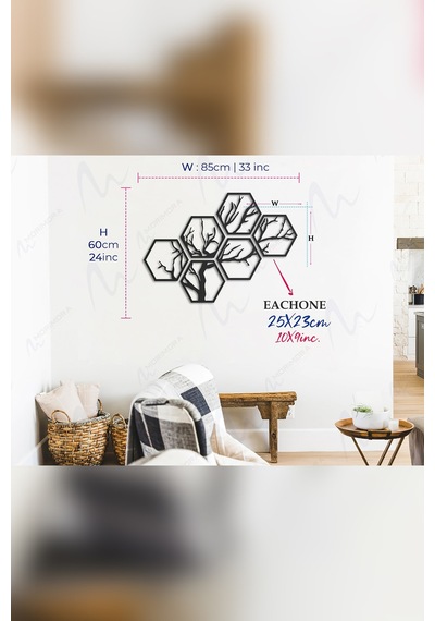 Hexagon Tree Metal Duvar Tablosu - Siyah - 6 Parça