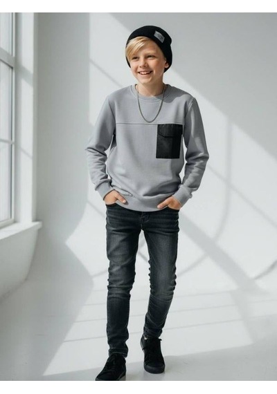 Zekids Erkek Çocuk Cep Detaylı Pamuklu İnce Sweatshirt-16650 Gri