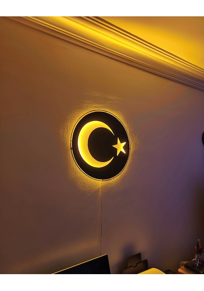 Motto Dekor Lazer Kesim Amber Led Işıklı Metal Türk Bayrağı Görselli Duvar Dekoru Duvar Aydınlatması Siyah